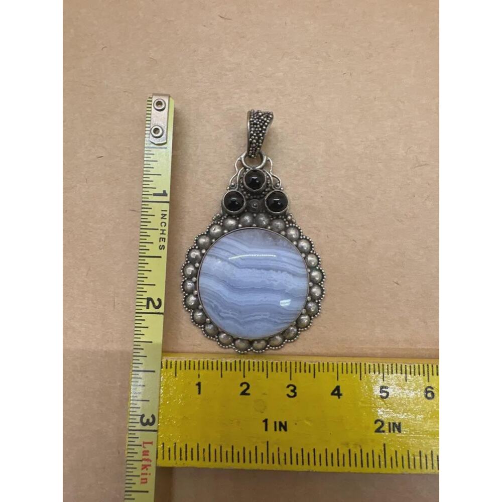 Vintage 925 Sterling Silver Blue Lace Agate Circle Pendant - Picture 3 of 6